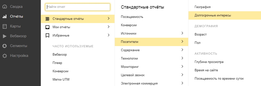 Стандартный отчет по интересам в Яндекс.Метрика