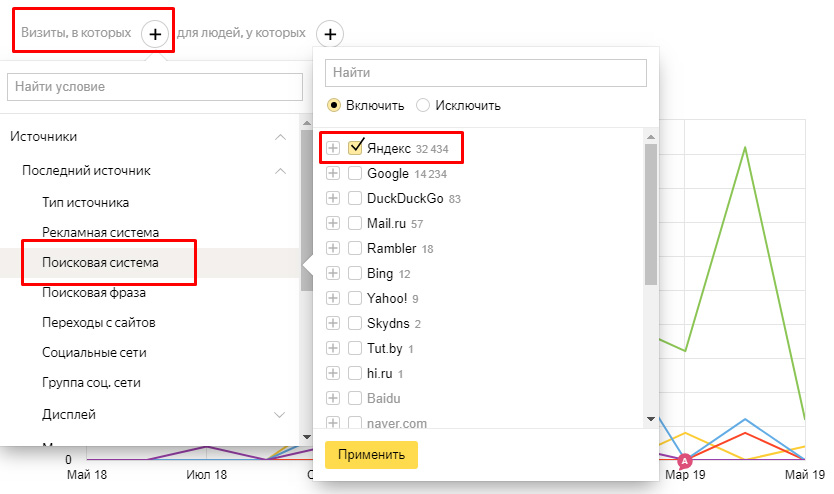 Создание сегмента посетителей из поисковой системы Яндекс
